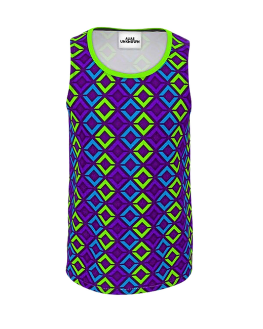 Introducing "Peacock" — a stunning design inspired by the vibrant aesthetics of 90's surf style. The design showcases stacked "A" and "U" shapes that are meticulously arranged, creating a captivating rhythm and balance. Each vertical row features a repeating pattern of vivid green, bold blue, and deep purple that pays homage to the iconic color palette of Gecko Hawaii.