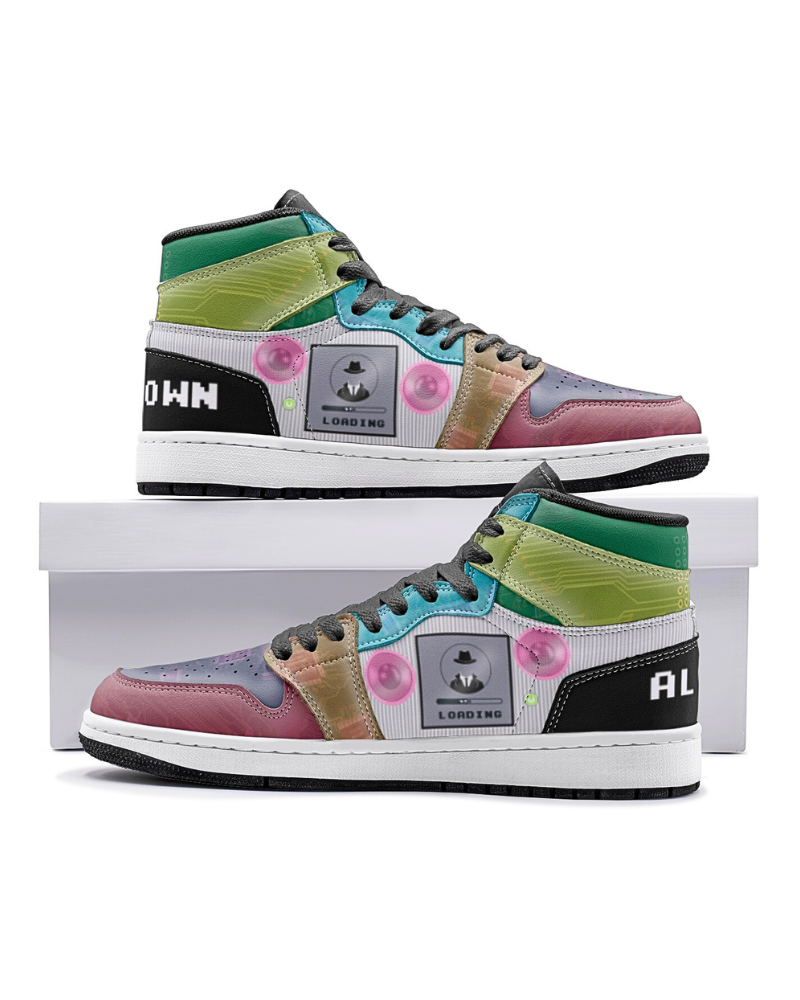 The unique design features elements from the Tech Enigma circuit board with colorful transparent panels with light flares to evoke a plastic-like illusion, adding depth and dimension to the sneakers. On the outside panels, you'll find a nod to the iMac's iconic monitor, with a loading screen, symbolizing a covert mission in progress.