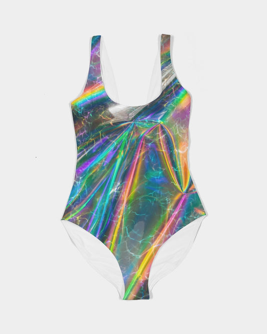 This prism-like print features bright neon streaks of color and water ripples.