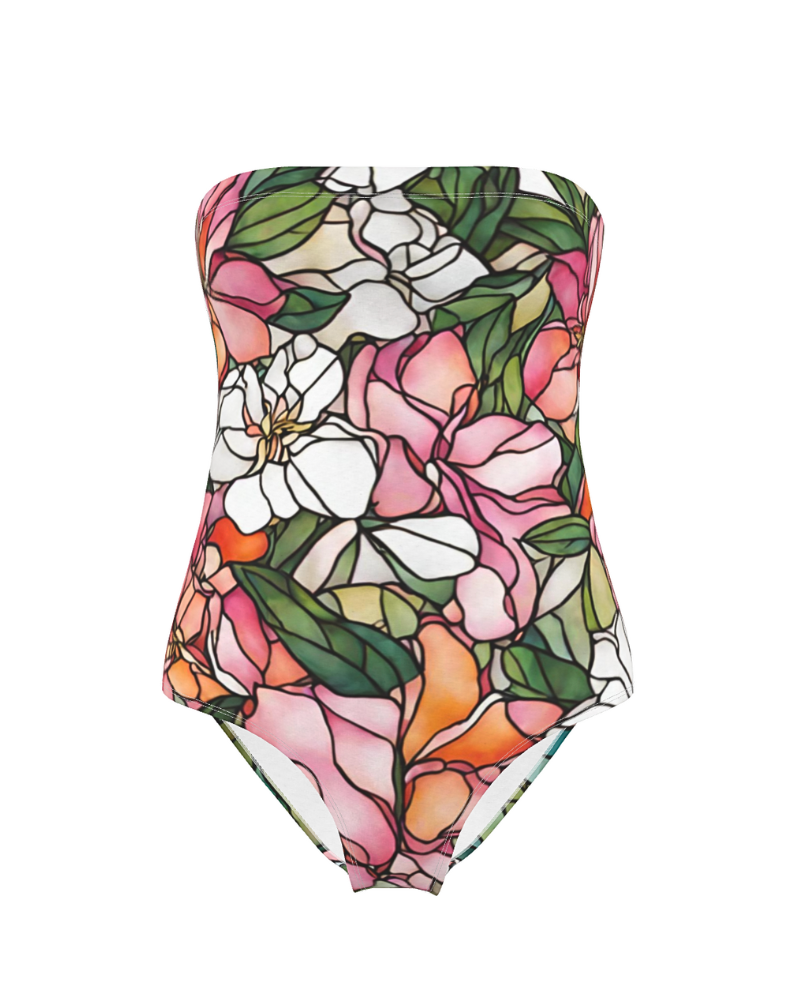 Illuminate your surroundings with the Blooming Bright print. Inspired by the transformative beauty of stained-glass, this design features vibrant azaleas and hibiscus flowers in shades of pink, orange, and white, surrounded by lush green leaves. Each element showcases the power of transformation, ensuring you radiate confidence and elegance wherever you go.