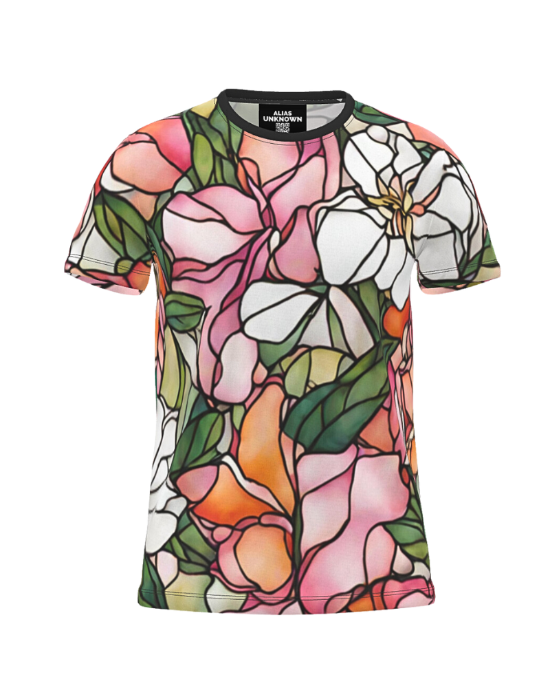 Illuminate your surroundings with the Blooming Bright print. Inspired by the transformative beauty of stained glass, this design features vibrant azaleas and hibiscus flowers in shades of pink, orange, and white, surrounded by lush green leaves. Each element showcases the power of transformation, ensuring you radiate confidence and elegance wherever you go.
