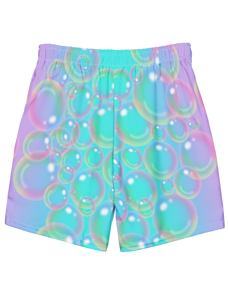 Dive into a world of playful charm with our 'Blowing Bubbles' print. Inspired by Barbie's bathing suits and mermaid dolls of the 90's, this design features an ombre effect that starts with a vibrant turquoise in the middle that fades into a dreamy light lavender in the middle with various size bubbles scattered and stacked throughout that are accentuated by light flares.