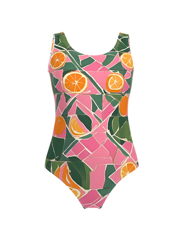 Unlock the secrets of style with our "Citrus Cipher" print. This pattern features whole and sliced Valencia oranges nestled among lush green foliage, set against a background that mimics the look of broken ceramic tiles. The playful mix of pink and white geometric shapes adds a sense of adventure and fun, inviting agents to embrace their bold and confident sides.