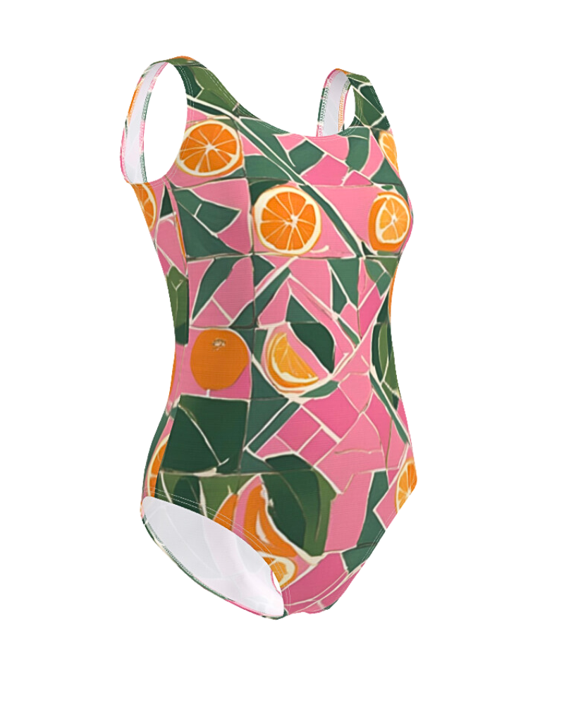 Unlock the secrets of style with our "Citrus Cipher" print. This pattern features whole and sliced Valencia oranges nestled among lush green foliage, set against a background that mimics the look of broken ceramic tiles. The playful mix of pink and white geometric shapes adds a sense of adventure and fun, inviting agents to embrace their bold and confident sides.