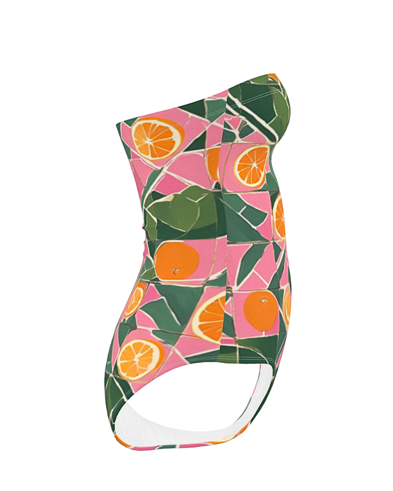 Unlock the secrets of style with our "Citrus Cipher" print. This pattern features whole and sliced Valencia oranges nestled among lush green foliage, set against a background that mimics the look of broken ceramic tiles. The playful mix of pink and white geometric shapes adds a sense of adventure and fun, inviting agents to embrace their bold and confident sides. Join the ranks of Alias Unknown and make a statement with this fresh and lively pattern.