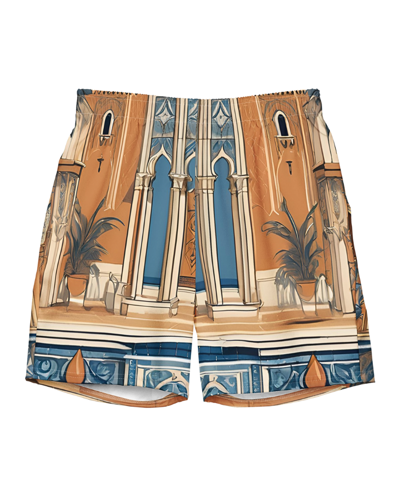 Discover the timeless charm of a Greek bathhouse with our “Take Me to the Spa” print. This design showcases intricate cream-colored columns and moldings against rich vintage orange walls, accented by classic blue windows and tiles. The artistic, hand-sketched look evokes the tranquility and luxury of a Mediterranean retreat, perfect for adding a touch of sophistication to your summer wardrobe.