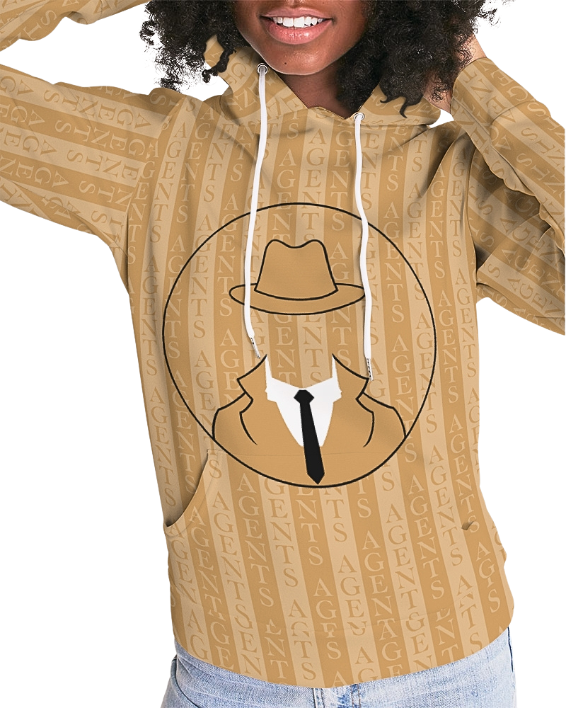 Inspired by the iconic spy trench coat, this design features alternating tan vertical stripes with bold tan letters spelling out "AGENTS." It's like our uniform – your go-to outfit for missions. And what's more intriguing? The logo. A black circle with the silhouette of an agent's classic leather jacket and top hat with the face mysteriously invisible. This design has an element of enigma that'll make you feel ready to take on anything.