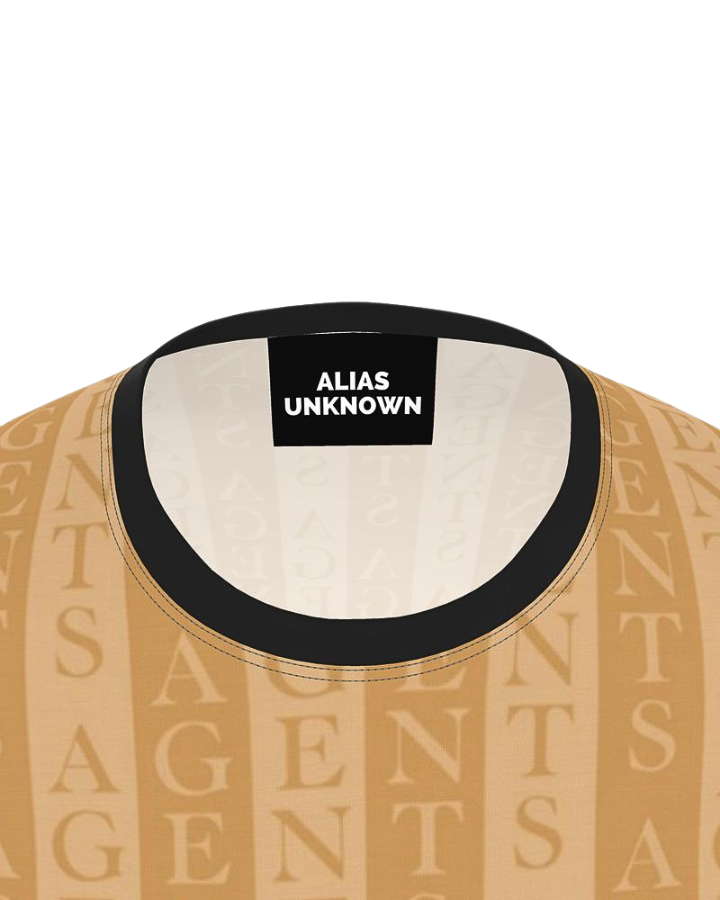 Inspired by the iconic spy trench coat, this design features alternating tan vertical stripes with bold tan letters spelling out "AGENTS." It's like our uniform – your go-to outfit for missions. And what's more intriguing? The logo. A black circle with the silhouette of an agent's classic leather jacket and top hat with the face mysteriously invisible. This design has an element of enigma that'll make you feel ready to take on anything.