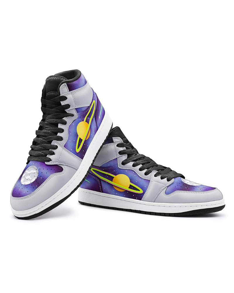 Step into the world of style and performance with our Spy Kicks. These high top leather sneakers feature a perforated toe box for breathability and a rubber sole with a custom basketball traction pattern. Stay cool and comfortable while exploring or playing sports. Versatile and sleek, these sneakers offer durability, grip, and a statement-making look.