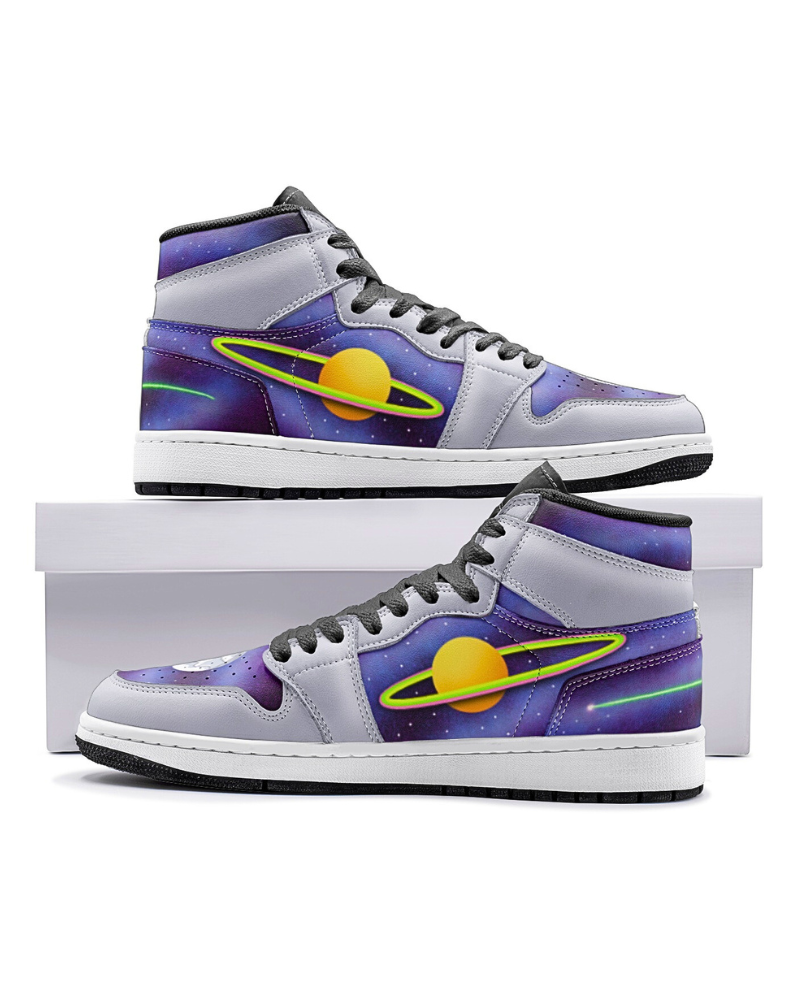 Explore the outer limits of space in High As A Satellite Spy Kicks! These stylish shoes feature a vibrant, cosmic design with a yellow planet surrounded by neon rings, a white and gray moon, and a green comet. Plus, the metallic elements give them an intergalactic look.