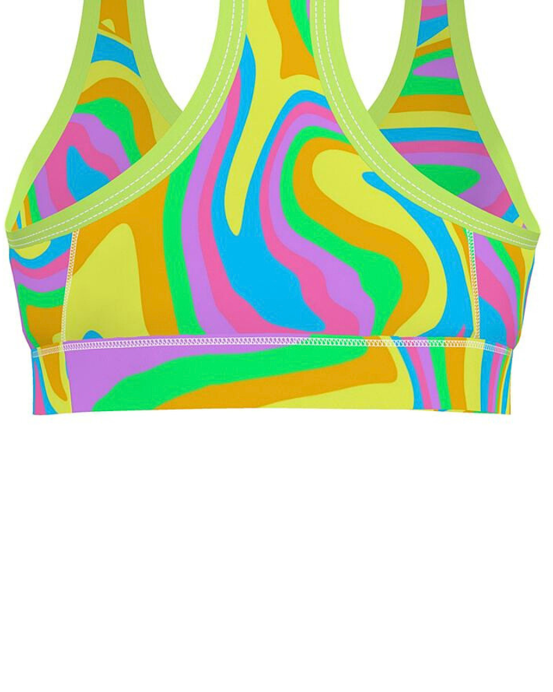 Inspired by the colorful rings of the Jawbreaker, this design features bright neon pink, purple, green, orange, yellow, and blue flowing in every direction. Perfect to style with any color shorts or even a pair of jeans.