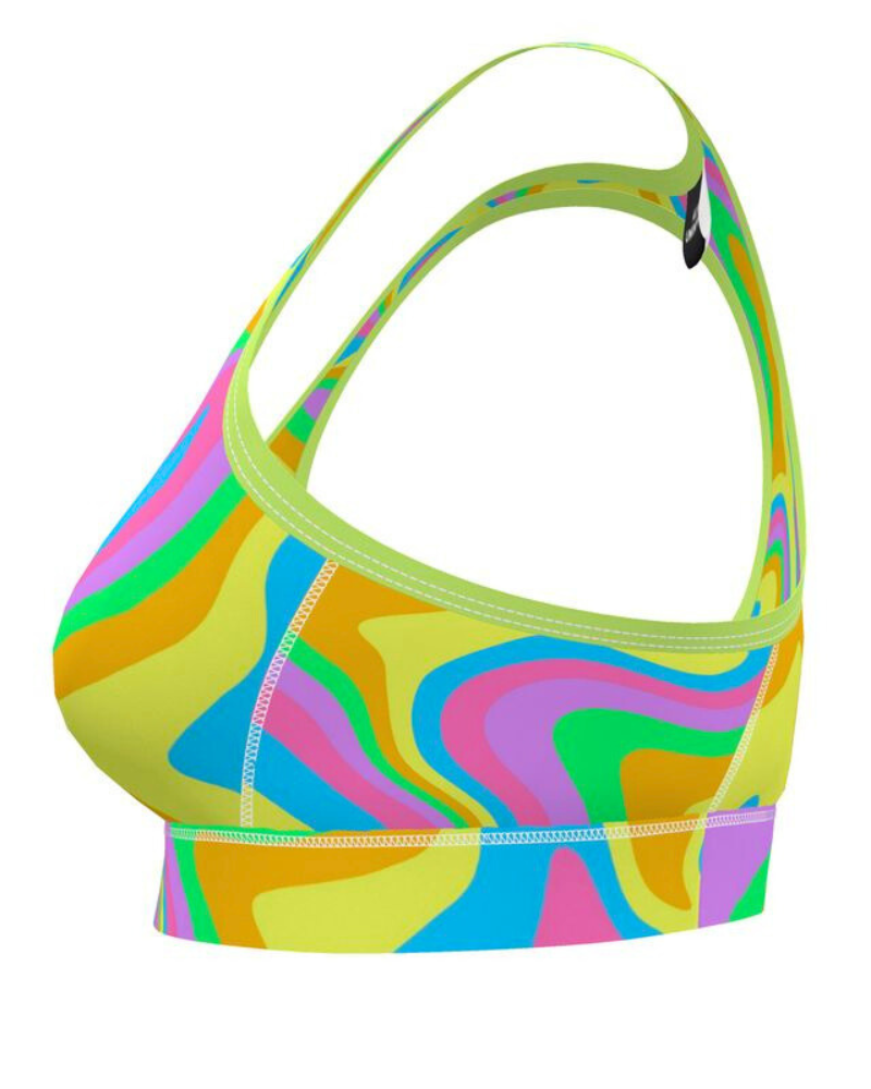 Inspired by the colorful rings of the Jawbreaker, this design features bright neon pink, purple, green, orange, yellow, and blue flowing in every direction. Perfect to style with any color shorts or even a pair of jeans.