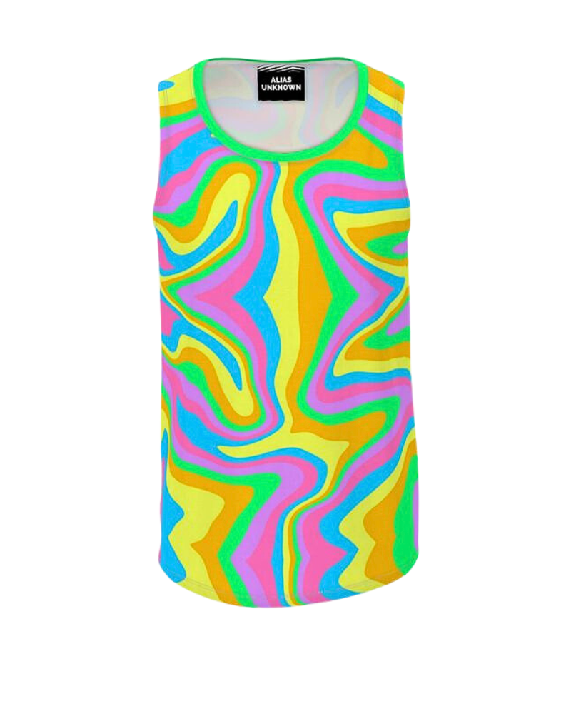 Inspired by the colorful rings of the Jawbreaker, this design features bright neon pink, purple, green, orange, yellow, and blue flowing in every direction. Perfect to style with any color shorts or even a pair of denim shorts. 
