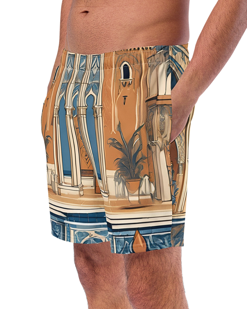 Discover the timeless charm of a Greek bathhouse with our “Take Me to the Spa” print. This design showcases intricate cream-colored columns and moldings against rich vintage orange walls, accented by classic blue windows and tiles. The artistic, hand-sketched look evokes the tranquility and luxury of a Mediterranean retreat, perfect for adding a touch of sophistication to your summer wardrobe.