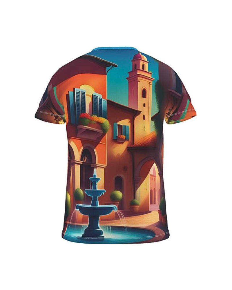Step into a world of serene elegance with the Piazza Oasis. This exquisite piece features a picturesque fountain amidst vibrant, pastel-hued buildings, capturing the essence of a tranquil Mediterranean village. As an agent of refined style, you'll exude sophistication and grace with every wear. Perfect for sun-drenched afternoons and enchanting evenings, this shirt embodies the harmony of classic charm and modern allure, making you the center of attention on every mission.