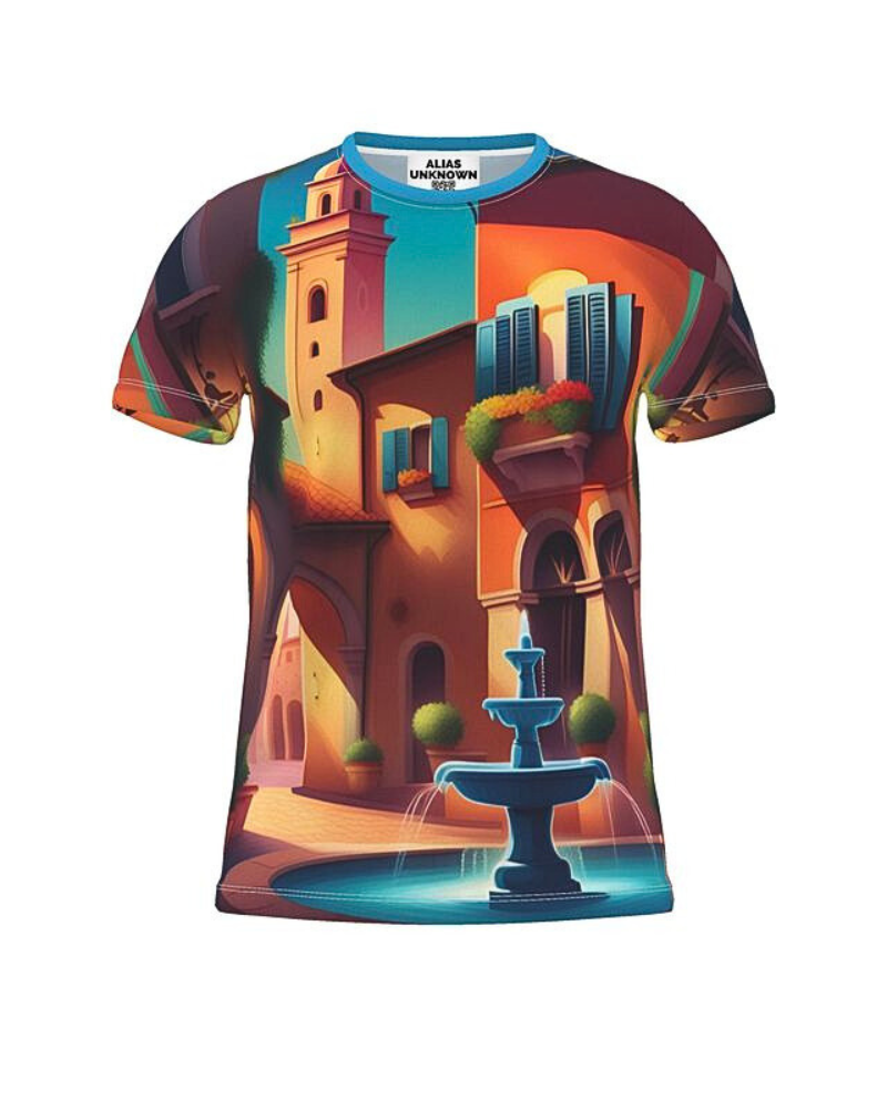 Step into a world of serene elegance with the Piazza Oasis. This exquisite piece features a picturesque fountain amidst vibrant, pastel-hued buildings, capturing the essence of a tranquil Mediterranean village. As an agent of refined style, you'll exude sophistication and grace with every wear. Perfect for sun-drenched afternoons and enchanting evenings, this shirt embodies the harmony of classic charm and modern allure, making you the center of attention on every mission.