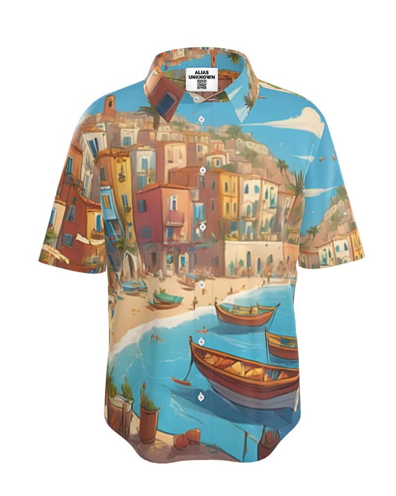 Escape to 'Serenity Harbor,' where rich colors and a tranquil atmosphere await. This print captures the essence of a picturesque Mediterranean town, with vibrant buildings cascading down a hillside, a sandy beach dotted with boats, and sunbathers enjoying the day. The clear blue sky and soaring seagulls complete this serene scene. Embrace the leisurely lifestyle and bring a touch of coastal charm to your wardrobe. Don't miss your chance to visit this idyllic escape.