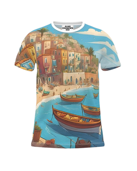 Escape to 'Serenity Harbor,' where rich colors and a tranquil atmosphere await. This print captures the essence of a picturesque Mediterranean town, with vibrant buildings cascading down a hillside, a sandy beach dotted with boats, and sunbathers enjoying the day. The clear blue sky and soaring seagulls complete this serene scene. Embrace the leisurely lifestyle and bring a touch of coastal charm to your wardrobe.