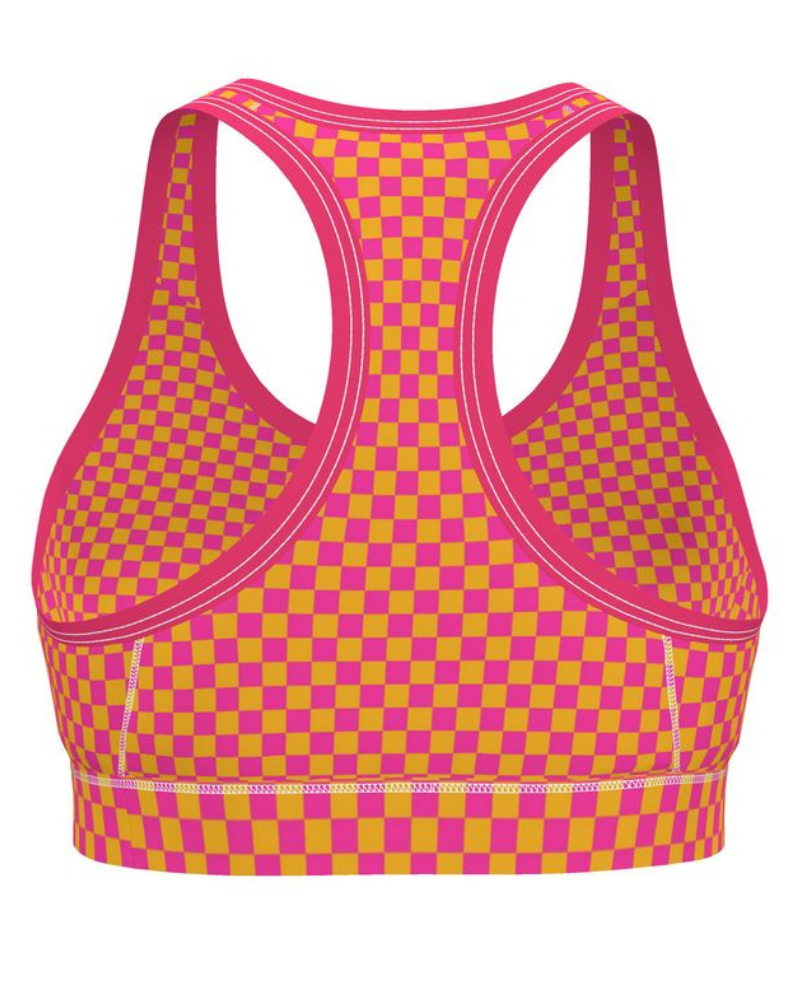 Get ready to shine brighter than ever in Sunburst. Inspired by the beachy colors of the late 90’s, this orange and neon pink checkerboard print exudes energy and confidence no matter where your mission takes you.