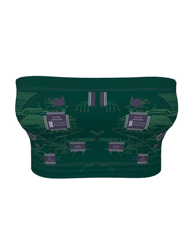 Introducing the "Tech Enigma" bandeau top, a cutting-edge fusion of technology and fashion. This sleek bandeau top showcases a custom Alias Unknown motherboard design with microchips that symbolize the essence of what sets Alias Unknown apart from the rest: Style, Design, Color, and Attitude.