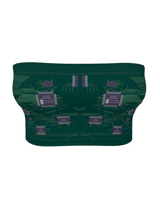 Introducing the "Tech Enigma" bandeau top, a cutting-edge fusion of technology and fashion. This sleek bandeau top showcases a custom Alias Unknown motherboard design with microchips that symbolize the essence of what sets Alias Unknown apart from the rest: Style, Design, Color, and Attitude.