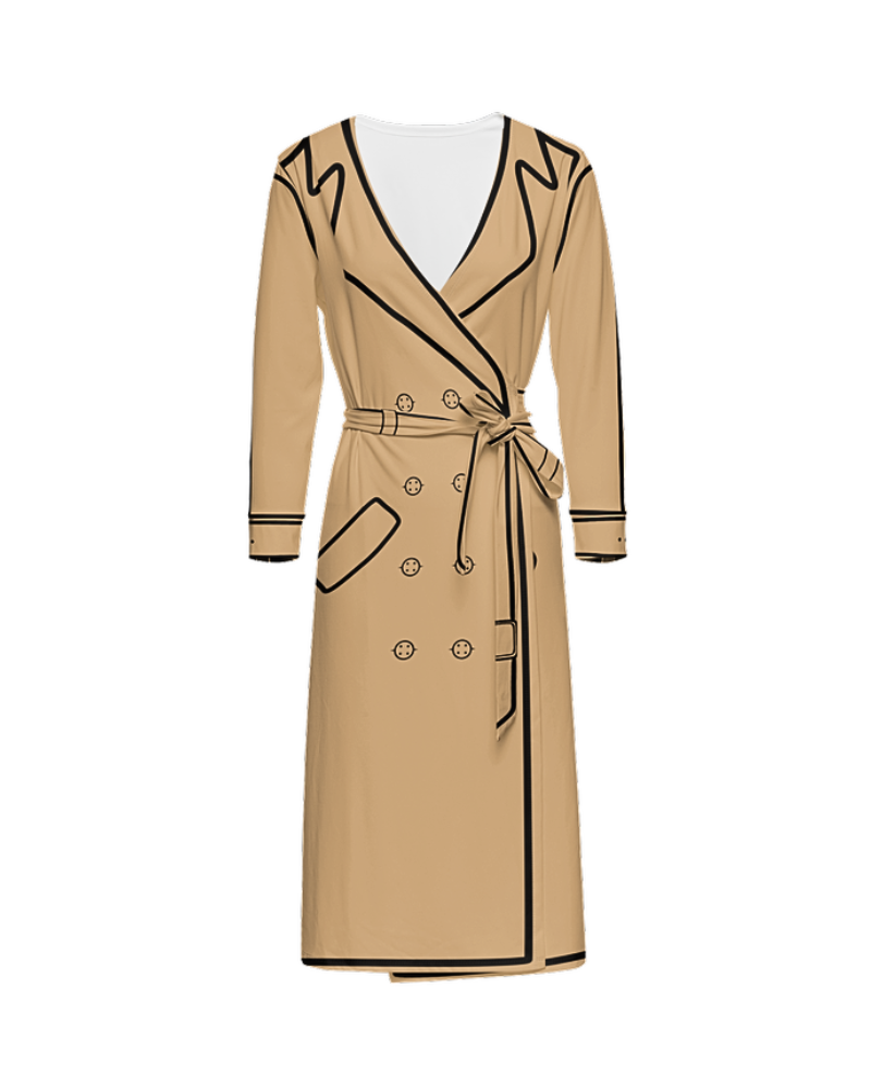 Unleash your inner spy with our “Trenchie” wrap dress, a modern twist on the iconic trench coat. Drawing inspiration from the enigmatic world of classic espionage and Halston’s iconic ultra suede trench coat dress from the 70s, this wrap dress is not just a piece of clothing but an experience.