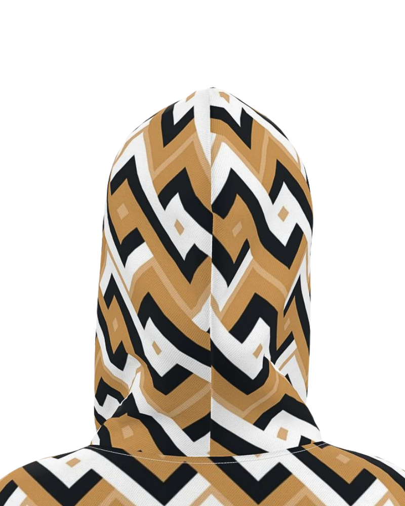Inspired by the intricate weave of a maze, this print showcases interlocking tan, black, and white zags that are woven together. This is the catalyst for you to mix and match these different colored pieces to your outfit. The careful selection of colors adds depth and character, making it a versatile addition to your wardrobe. Step into the world of 'Zags' and embrace the fusion of style and intrigue.
