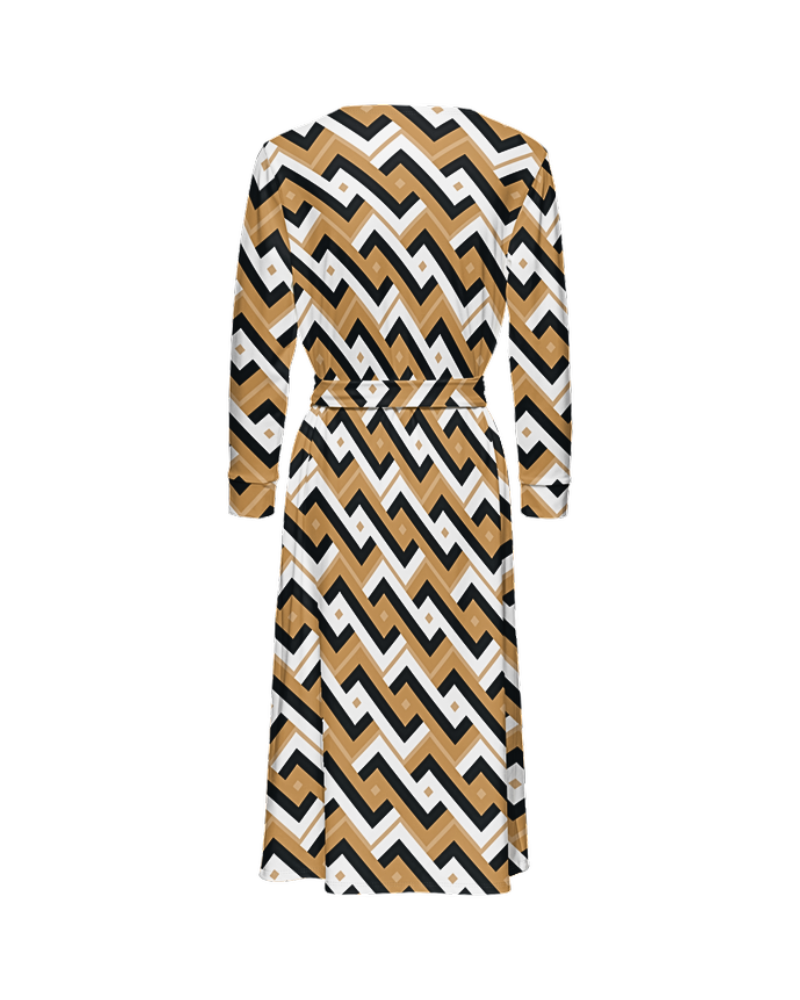 Inspired by the intricate weave of a maze, this print showcases interlocking tan, black, and white zags that are woven together. This is the catalyst for you to mix and match these different colored pieces to your outfit. The careful selection of colors adds depth and character, making it a versatile addition to your wardrobe. Step into the world of 'Zags' and embrace the fusion of style and intrigue.