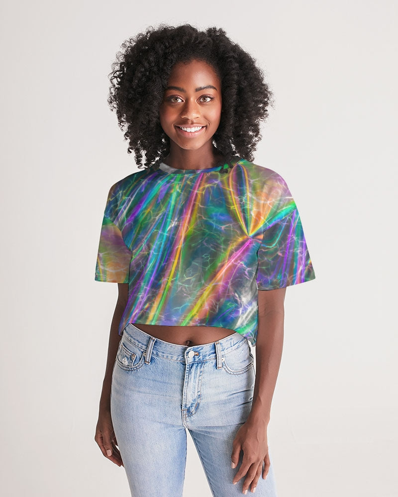 This prism-like print is bright with neon streaks and water ripples in multiple colors. 