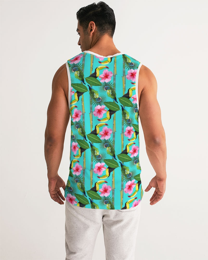 It's a jungle out there so why not "blend in"? This print has a great way of utilizing blues, greens, pinks, yellow, and even orange. Just like a jungle, vibrant and full of life. Available with blue, green, and pink backdrops. The Pink DOES NOT have the white trim around the arms and neckline. Instead, it is the print is used.