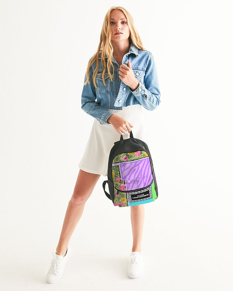 You'll want to show off this small Babylon inspired print canvas backpack. With two side pockets and adjustable, padded shoulder straps, the main interior pocket fits up to 13" laptops with plenty of room for your gear.