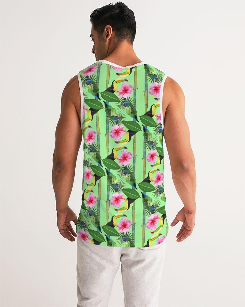 It's a jungle out there so why not "blend in"? This print has a great way of utilizing blues, greens, pinks, yellow, and even orange. Just like a jungle, vibrant and full of life. Available with blue, green, and pink backdrops. The Pink DOES NOT have the white trim around the arms and neckline. Instead, it is the print is used.